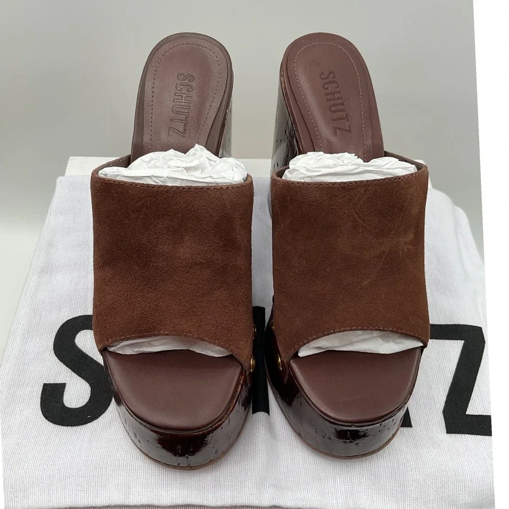 Schutz Brown Suede Platform Wedge Mules Studded Wood Grain Sandals Womens